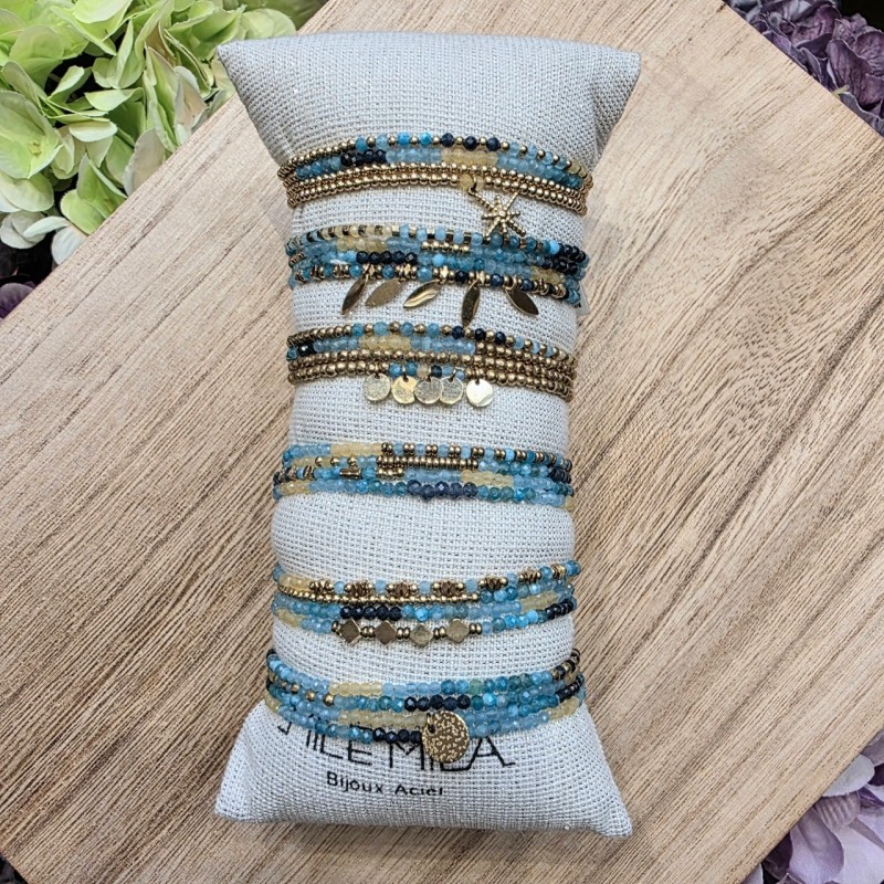 Bracelet Multitours ou Collier Long Pierres Bleue Turquoise et Jaune Pâle MILË MILA