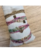 Bracelet Multitours ou Collier Long Pierres Roses et Vertes MILË MILA