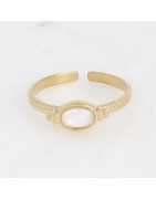 Bague en Acier Doré et Pierre Verte ou Nacre Ovale Réglable BOHM