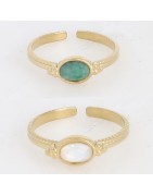 Bague en Acier Doré et Pierre Verte ou Nacre Ovale Réglable BOHM