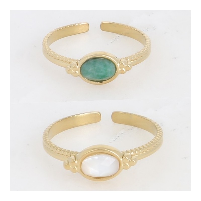 Bague en Acier Doré et Pierre Verte ou Nacre Ovale Réglable BOHM