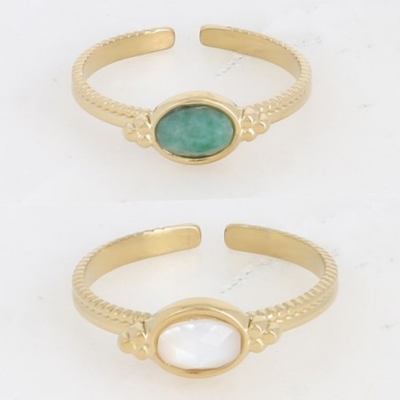Bague en Acier Doré et Pierre Verte ou Nacre Ovale Réglable BOHM