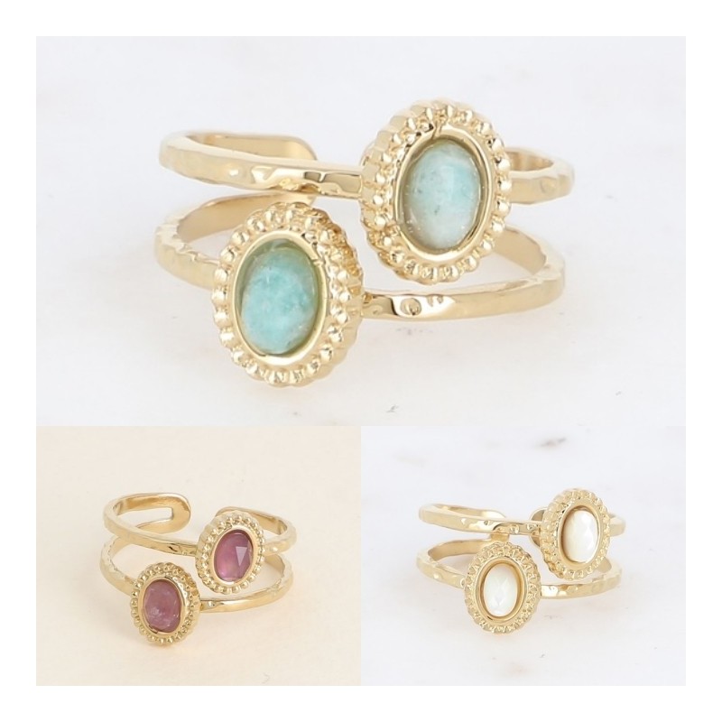 Bague en Acier Doré avec Deux Pierres Ovales Effet Double Anneau Réglable BOHM