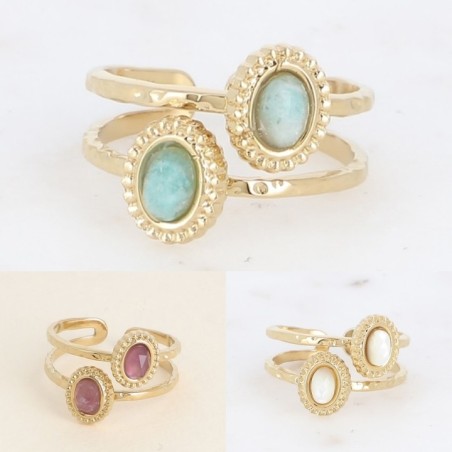 Bague en Acier Doré avec Deux Pierres Ovales Effet Double Anneau Réglable BOHM
