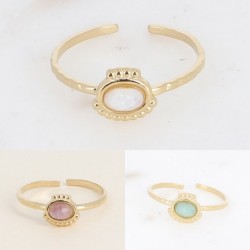Bague Fine en Acier Doré et Pierre ou Nacre Ovale Réglable BOHM
