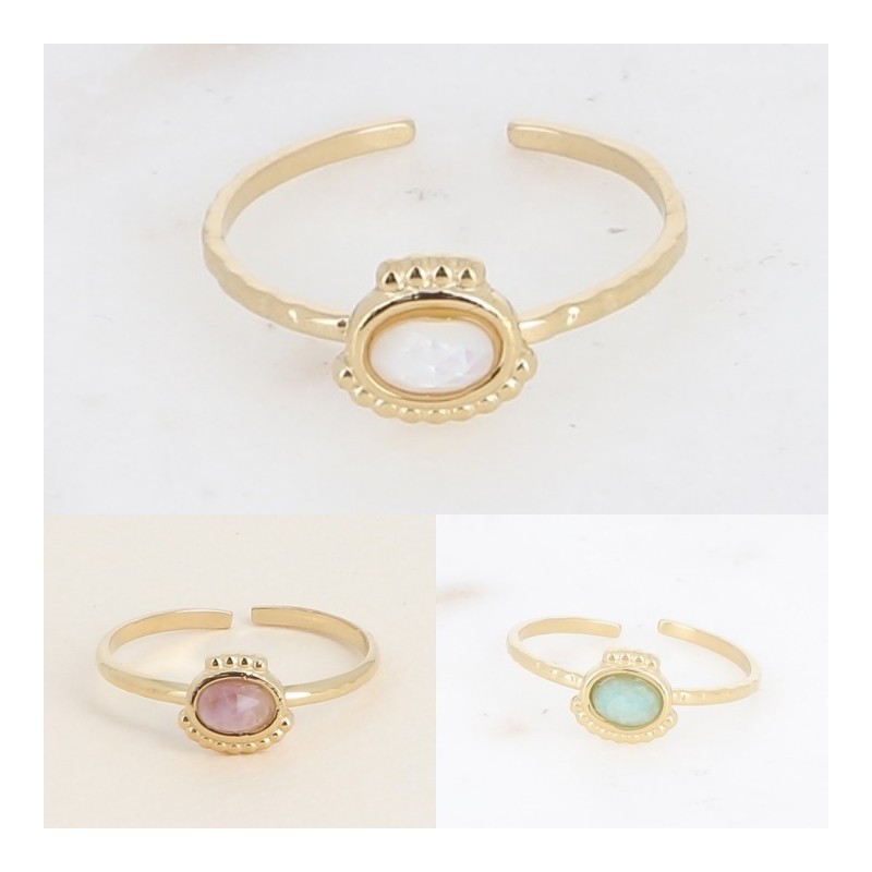 Bague Fine en Acier Doré et Pierre ou Nacre Ovale Réglable BOHM