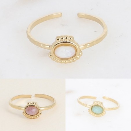 Bague Fine en Acier Doré et Pierre ou Nacre Ovale Réglable BOHM