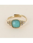 Bague en Acier Doré et Pierre Verte ou Nacre Carrée et Strass Réglable BOHM