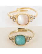 Bague en Acier Doré et Pierre Verte ou Nacre Carrée et Strass Réglable BOHM