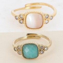 Bague en Acier Doré et Pierre Verte ou Nacre Carrée et Strass Réglable BOHM