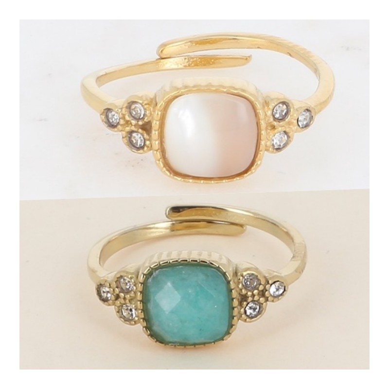 Bague en Acier Doré et Pierre Verte ou Nacre Carrée et Strass Réglable BOHM