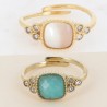 Bague en Acier Doré et Pierre Verte ou Nacre Carrée et Strass Réglable BOHM