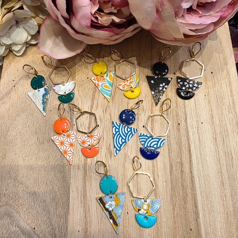 Boucles de Créateur Dépareillées avec du Papier Washi et de l'Email THE COCOTTE