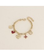Bracelet à Breloques Trèfles et Coeurs et Email Rouge sur Chaîne en Acier Doré BOHM