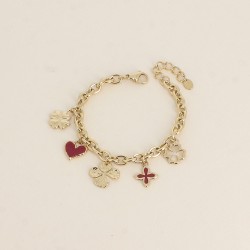 Bracelet à Breloques Trèfles et Coeurs et Email Rouge sur Chaîne en Acier Doré BOHM