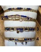 Bracelet Double Tour Acier Doré et Perles Bleues et Violettes IKITA