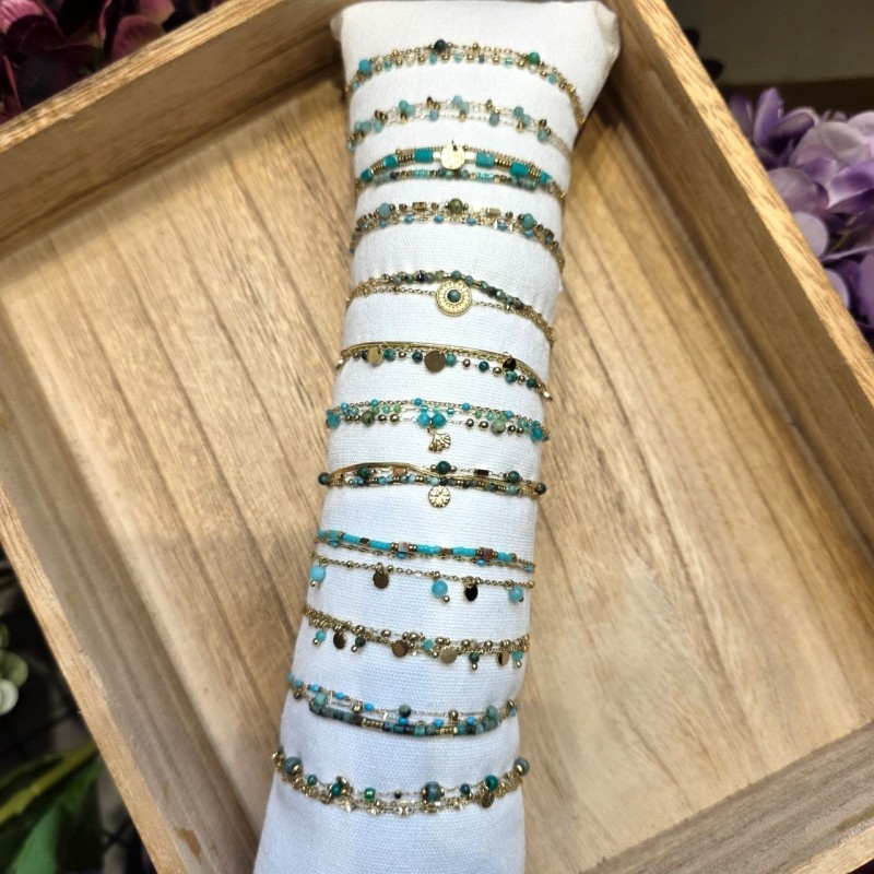 Bracelet Multibrins Acier Doré et Perles Turquoises IKITA