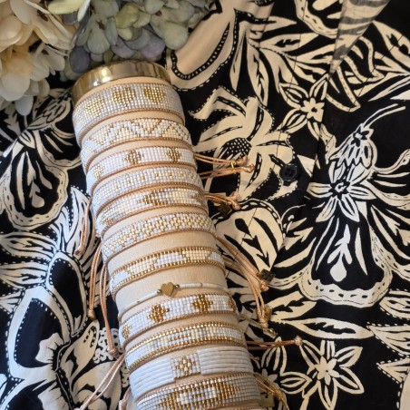 Bracelet Tissé Style Boho, Coulissant Blanc, Beige, et Doré MILË MILA