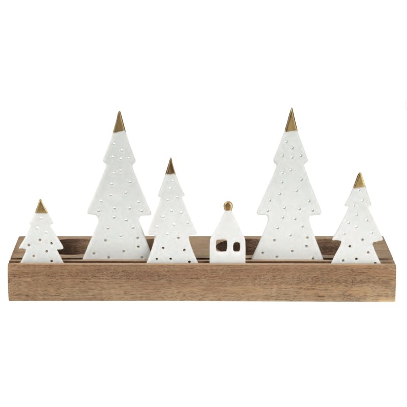 Décoration de Noël sapins et maison en porcelaine blanche sur un socle en bois. Un magnifique photophore.