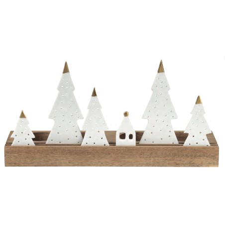Décoration de Noël sapins et maison en porcelaine blanche sur un socle en bois. Un magnifique photophore.
