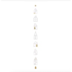 Une très jolie décoration faite de petites maison en papier blanc avec des détails dorés.