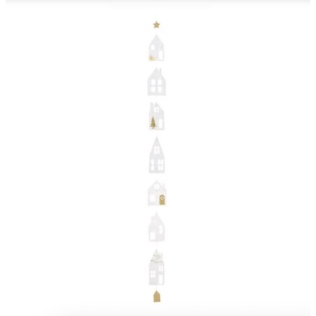 Une très jolie décoration faite de petites maison en papier blanc avec des détails dorés.