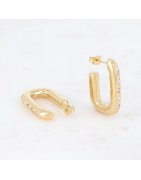 Boucles d'Oreilles Créoles en Acier Doré, Rectangulaire, et Strass BOHM