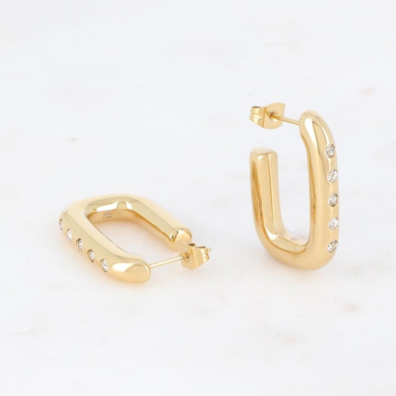 Boucles d'Oreilles Créoles en Acier Doré, Rectangulaire, et Strass BOHM