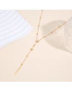 Collier en Y doré chaîne fine ornée de perles lisses pendentifs étoiles perlées et barre verticale lisse