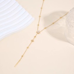 Collier en Y doré chaîne fine ornée de perles lisses pendentifs étoiles perlées et barre verticale lisse