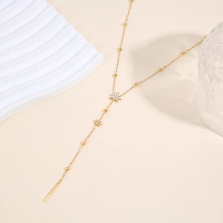 Collier en Y doré chaîne fine ornée de perles lisses pendentifs étoiles perlées et barre verticale lisse