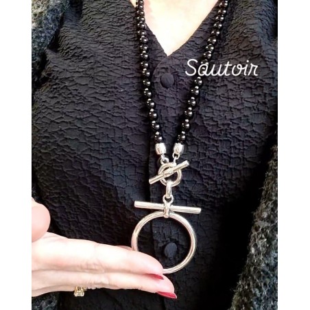 Sautoir Jade Lidia en Agate Noire et Pendentif en Métal Argenté ATELIER BLOW BIJOUX
