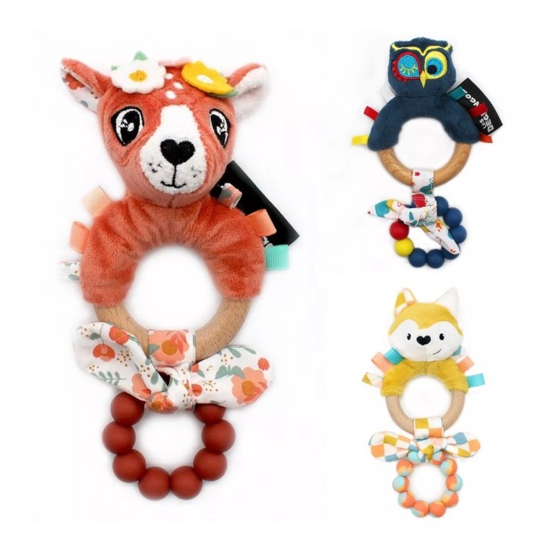 Anneau de Dentition Silicone Les Déglingos Mélimélos la Biche, Cyranos le Renard, Astros le Hibou et Kiprokos le Zèbre