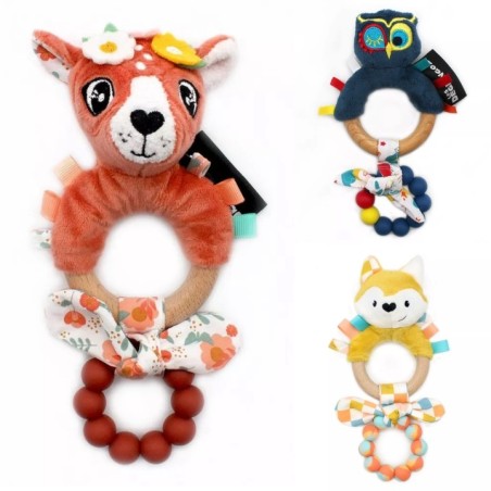 Anneau de Dentition Silicone Les Déglingos Mélimélos la Biche, Cyranos le Renard, Astros le Hibou et Kiprokos le Zèbre