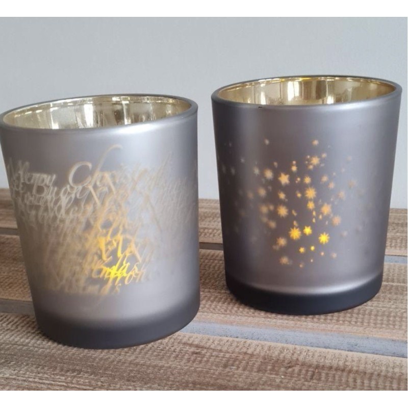 Photophore en Verre beige Doré et Joyeux Noël ou Taupe Doré et Etoiles Räder Design