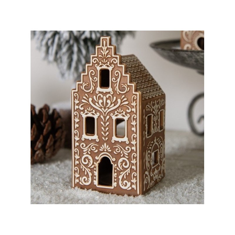 Photophore Maison en Porcelaine Style Pain d'Epices Marron à Créneaux Clayre et Eef