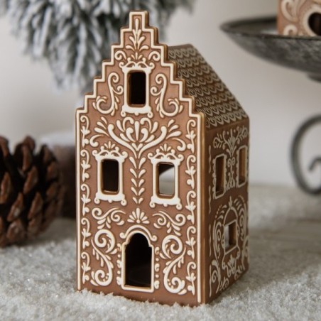 Photophore Maison en Porcelaine Style Pain d'Epices Marron à Créneaux Clayre et Eef