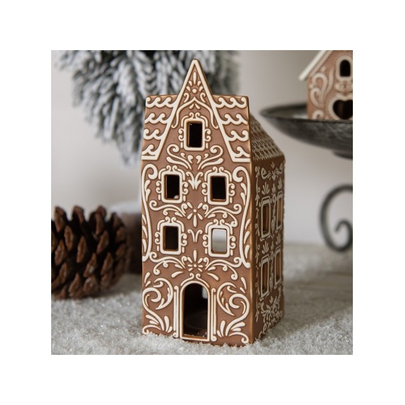 Photophore Maison en Porcelaine Style Pain d'Epices Marron à Fronton Pointu Clayre et Eef