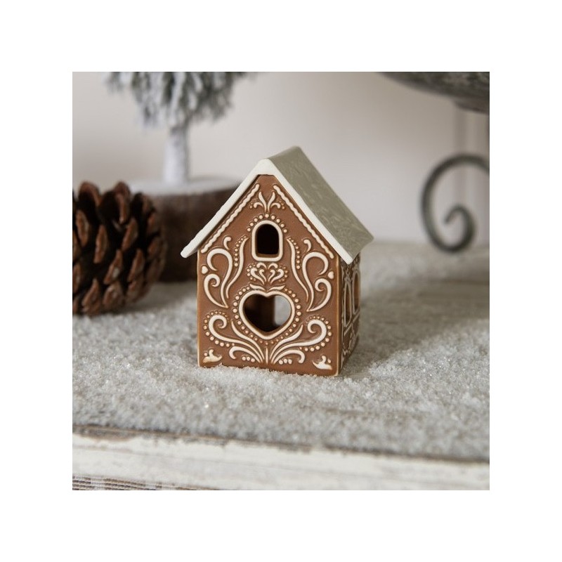 Photophore Maison en Porcelaine Style Pain d'Epices Marron à Toit Blanc Clayre et Eef