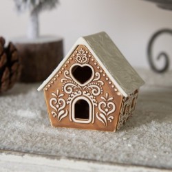 Photophore Maison en Porcelaine Style Pain d'Epices Marron à Toit Blanc en "V" Clayre et Eef