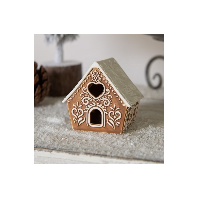 Photophore Maison en Porcelaine Style Pain d'Epices Marron à Toit Blanc en "V" Clayre et Eef