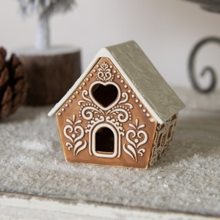 Photophore Maison en Porcelaine Style Pain d'Epices Marron à Toit Blanc en "V" Clayre et Eef