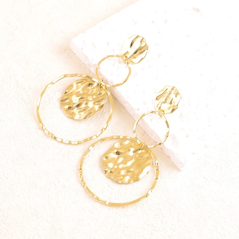 Boucles à Puces avec Deux Pièces Rondes et Deux Anneaux Ondulés en Acier Doré IKITA