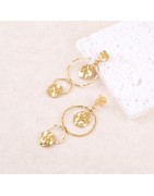 Boucles à Puces avec Trois Pièces Rondes et Deux Anneaux Ondulés en Acier Doré IKITA