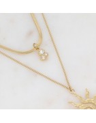 Collier Deux Rangs en Mailles avec Soleil et Oxyde et Zirconium en Acier Dore IKITA