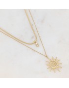 Collier Deux Rangs en Mailles avec Soleil et Oxyde et Zirconium en Acier Dore IKITA