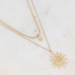 Collier Deux Rangs en Mailles avec Soleil et Oxyde et Zirconium en Acier Dore IKITA