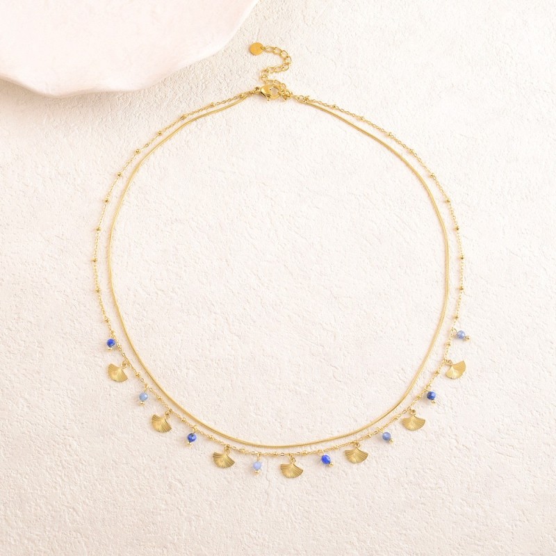 Collier Deux Rangs, Pendentifs Feuille de Gingko, Perles en Pierre Naturelle  IKITA