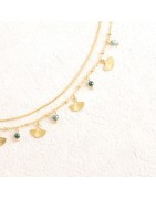Collier Deux Rangs, Pendentifs Feuille de Gingko, Perles en Pierre Naturelle  IKITA