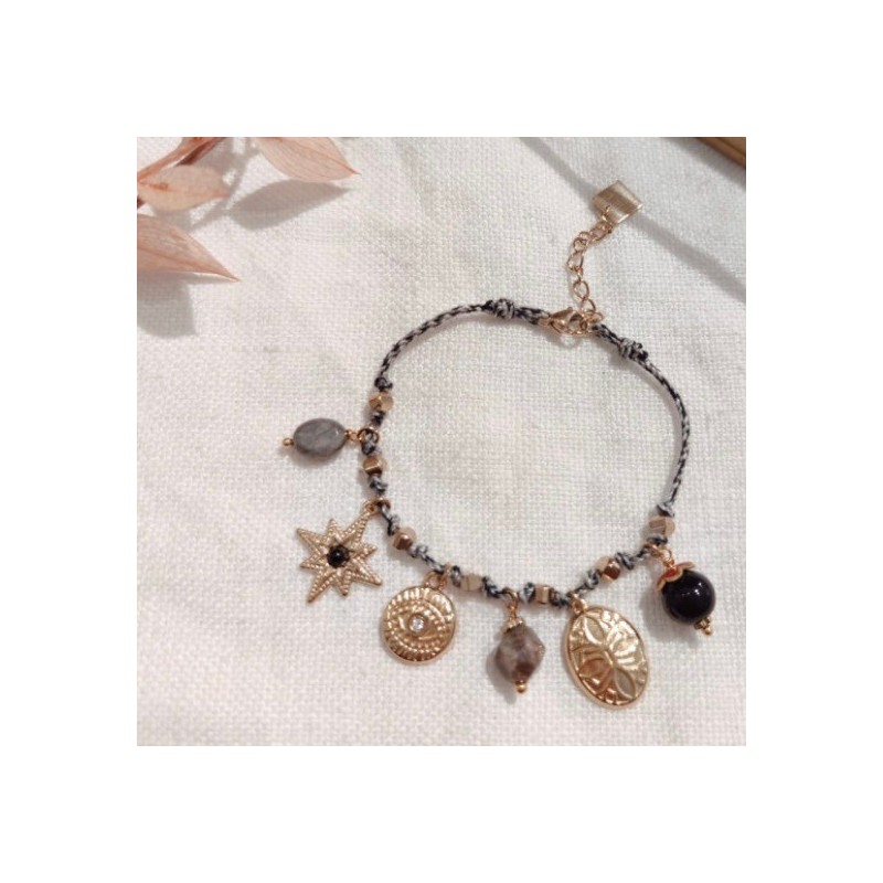 Bracelet à Breloques en Acier Doré sur Cordon Gris et Noir MILË MILA